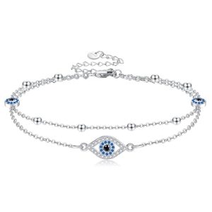 Evil Eye Anklets for Women Waterproof S925 Sterling Silver Lucky Evil Eye Foot Jewelry Boho Anklets Layered Chain
