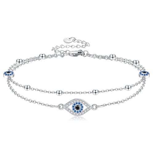 Evil Eye Anklets for Women Waterproof S925 Sterling Silver Lucky Evil Eye Foot Jewelry Boho Anklets Layered Chain