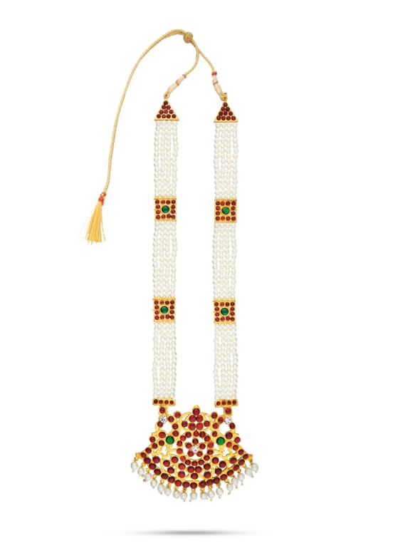 Traditional Bharatanatyam Dance Jewelry Set, Kemp Stone with Pearls, Gold-Toned Temple Design, 10 X 6 Inches, Metal, Kemp Stones - Image 4