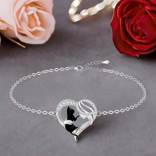 Black Cat Anklet Heart Cat Ankle Bracelets for Women 925 Sterling Silver Cat Anklets for Cats Lover Gifts - Image 3