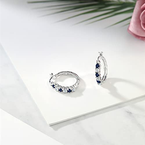 925 Sterling Silver Blue Sapphire and White Lab Grown Diamond Accent Hoop Earrings For Women (0.83 Cttw, 22MM = 0.85 Inches Diameter) - Image 5