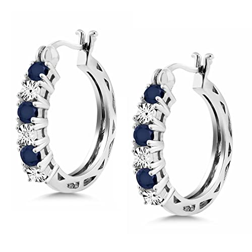 925 Sterling Silver Blue Sapphire and White Lab Grown Diamond Accent Hoop Earrings For Women (0.83 Cttw, 22MM = 0.85 Inches Diameter) - Image 7