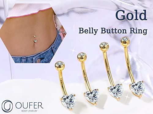 14G Belly Rings, 9K Solid Gold Belly Button Rings, Heart Navel Rings, Internally Threaded Long Belly Piercing Jewelry for Women and Men - Image 3