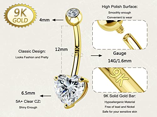 14G Belly Rings, 9K Solid Gold Belly Button Rings, Heart Navel Rings, Internally Threaded Long Belly Piercing Jewelry for Women and Men - Image 5