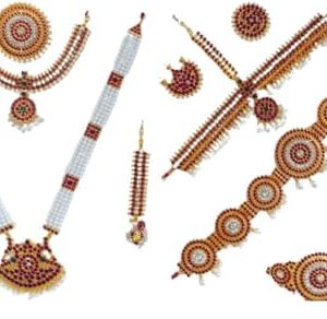 Traditional Bharatanatyam Dance Jewelry Set, Kemp Stone with Pearls, Gold-Toned Temple Design, 10 X 6 Inches, Metal, Kemp Stones