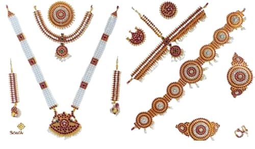 Traditional Bharatanatyam Dance Jewelry Set, Kemp Stone with Pearls, Gold-Toned Temple Design, 10 X 6 Inches, Metal, Kemp Stones