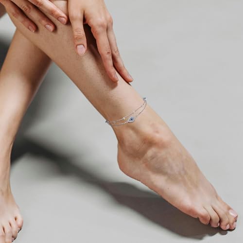 Evil Eye Anklets for Women Waterproof S925 Sterling Silver Lucky Evil Eye Foot Jewelry Boho Anklets Layered Chain - Image 3