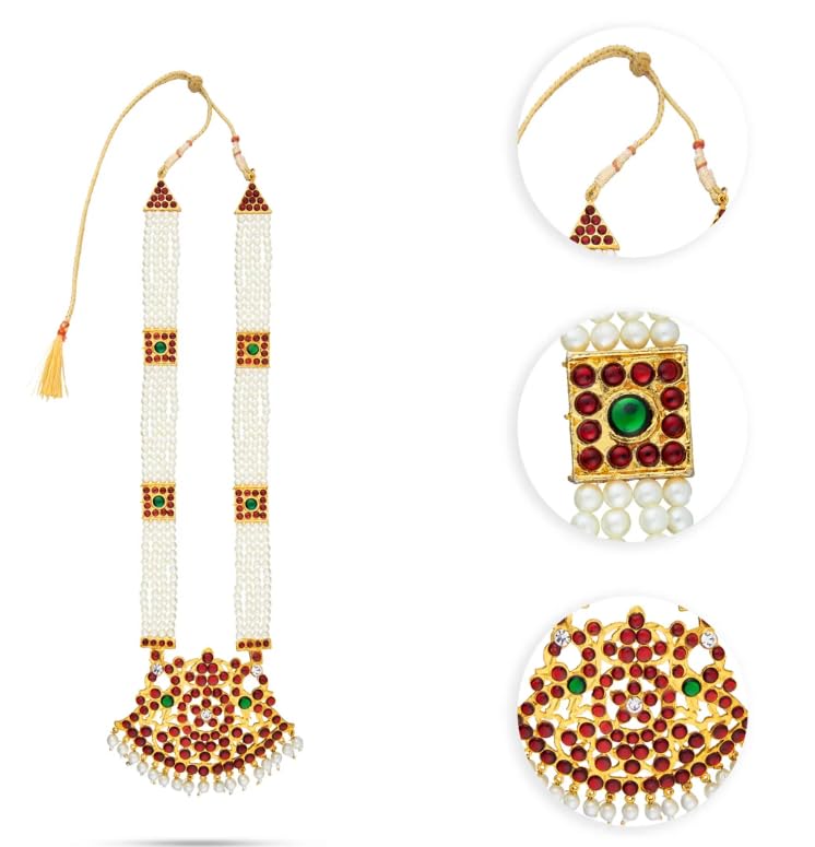 Traditional Bharatanatyam Dance Jewelry Set, Kemp Stone with Pearls, Gold-Toned Temple Design, 10 X 6 Inches, Metal, Kemp Stones - Image 5