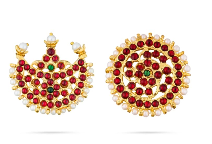 Traditional Bharatanatyam Dance Jewelry Set, Kemp Stone with Pearls, Gold-Toned Temple Design, 10 X 6 Inches, Metal, Kemp Stones - Image 3