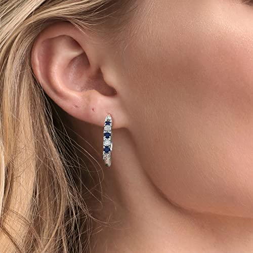 925 Sterling Silver Blue Sapphire and White Lab Grown Diamond Accent Hoop Earrings For Women (0.83 Cttw, 22MM = 0.85 Inches Diameter) - Image 4